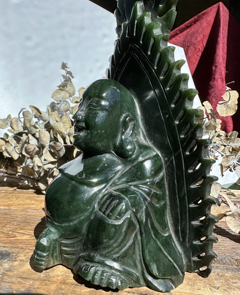 Dark Green Happy Jade Buddha Sculpture - 7.5"