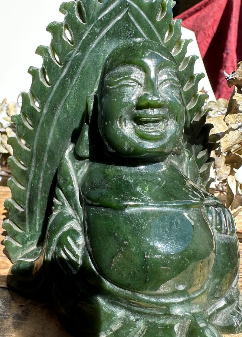Dark Green Happy Jade Buddha Sculpture - 7.5"